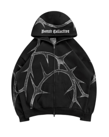 Thorn Rhinestone Zip Hoodie Black