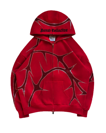 Thorn Rhinestone Zip Hoodie Red